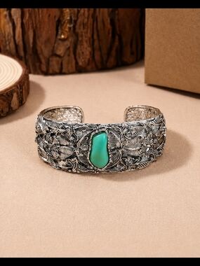 Silver-Tone Filigree Cuff Bracelet with Simulated Turquoise  Stone